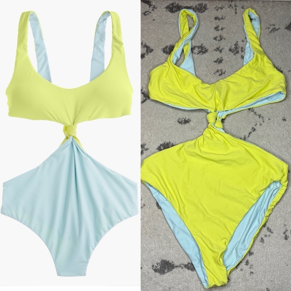 J. CREW Two Toned Lime Green Blue Reversible Knotted Monokini One Piece Swimsuit